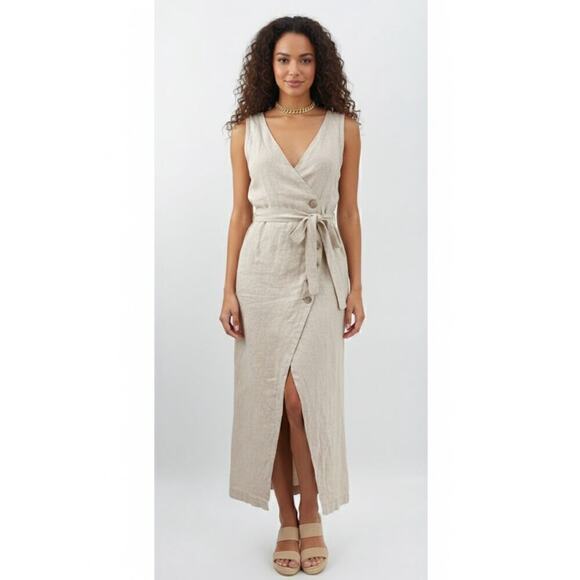 Posse Dresses & Skirts - B51 Posse Linen Midi Dress S Belted Wrap Style Vacation Neutral Brunch Everyday